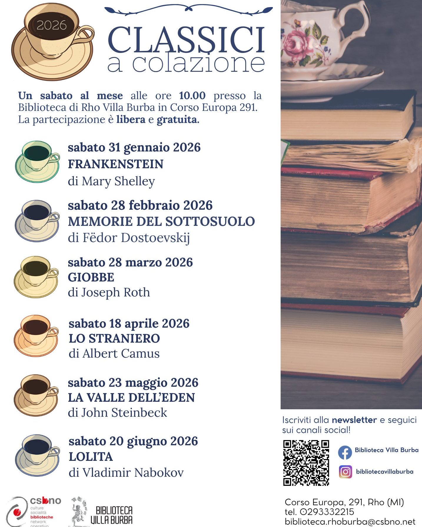 locandina con elenco titoli dei libri accanto una tazzina del caffè disegnata e un elemento in verticale con immagine di pila di libri, sopra una tazzina da caffè  in ceramica con dipinta una rosa