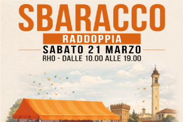 locandina Sbaracco sabato 14 marzo Rho dalle 10.00 alle 19.00 bancarella disegnata con abiti scarpe e borse dietro campanile piante e torre