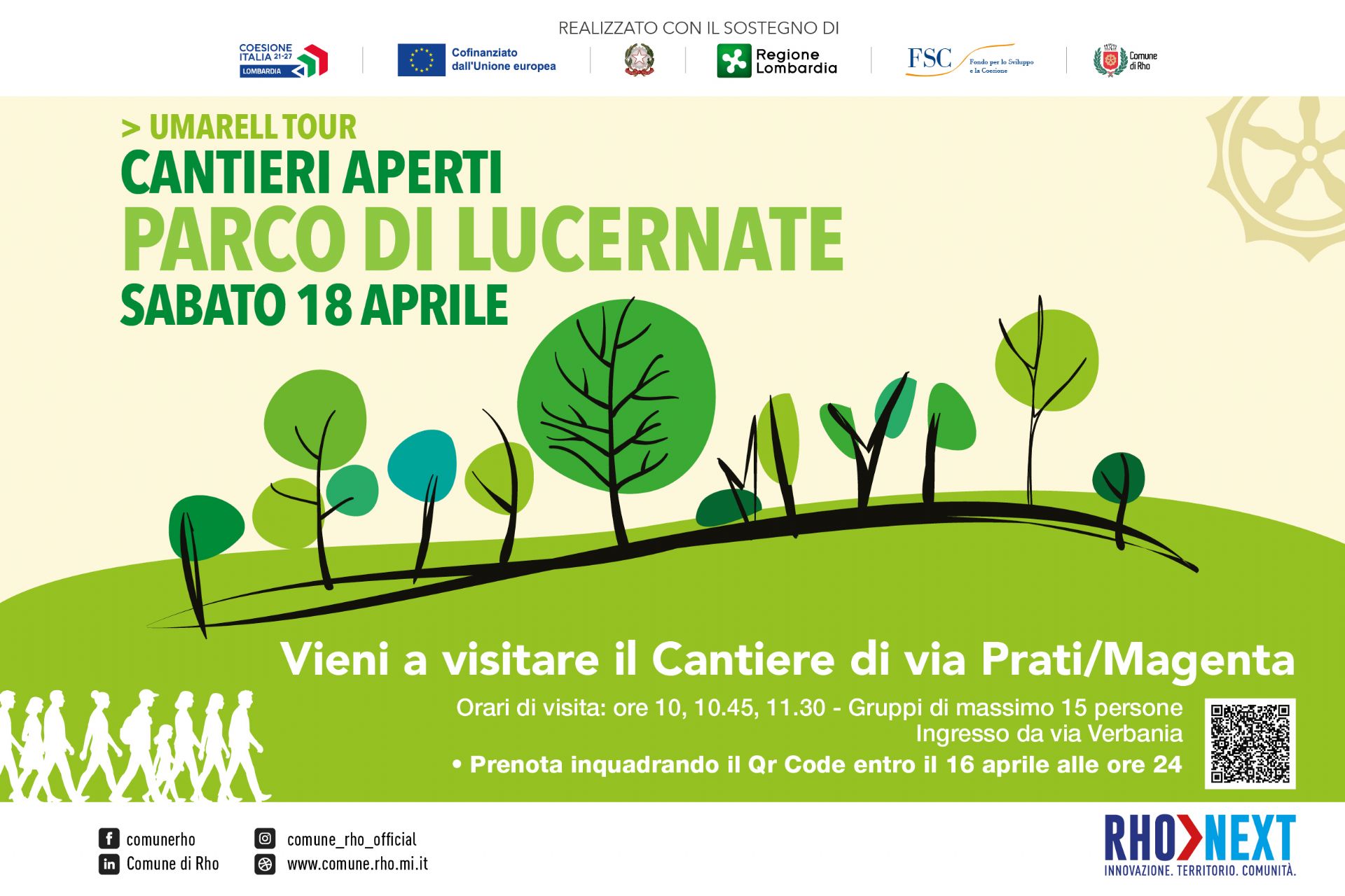 Locandina per l'evento del 18 aprile 2026 “Umarell tour - Cantieri aperti. Parco di Lucernate", tre visite guidate al cantiere del Parco. L’appuntamento per sabato è in via Verbania, a partire dalle ore 10.00. Per partecipare è necessario iscriversi a uno dei tre turni di visita. tramite link riportato nel testo del comunicato stampa.