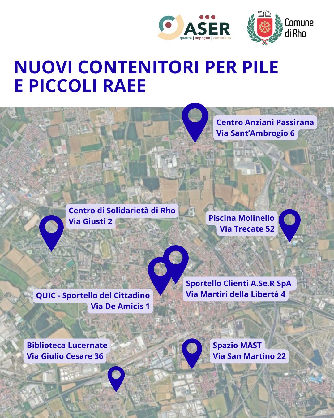 cartina della città con indicate le vie dove sono stati installati i nuovi contenitori per le pile e piccole RAEE