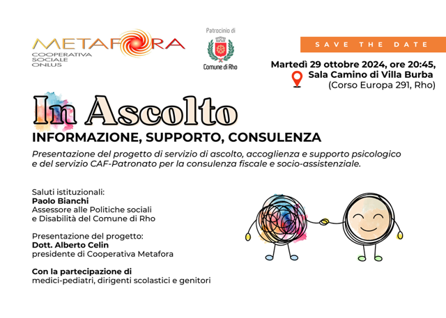 Locandina evento del 29 ottobre 2024 “In Ascolto: informazione, supporto, consulenza” in Sala Camino di Villa Burba, alle ore 20.45. Ingresso libero.