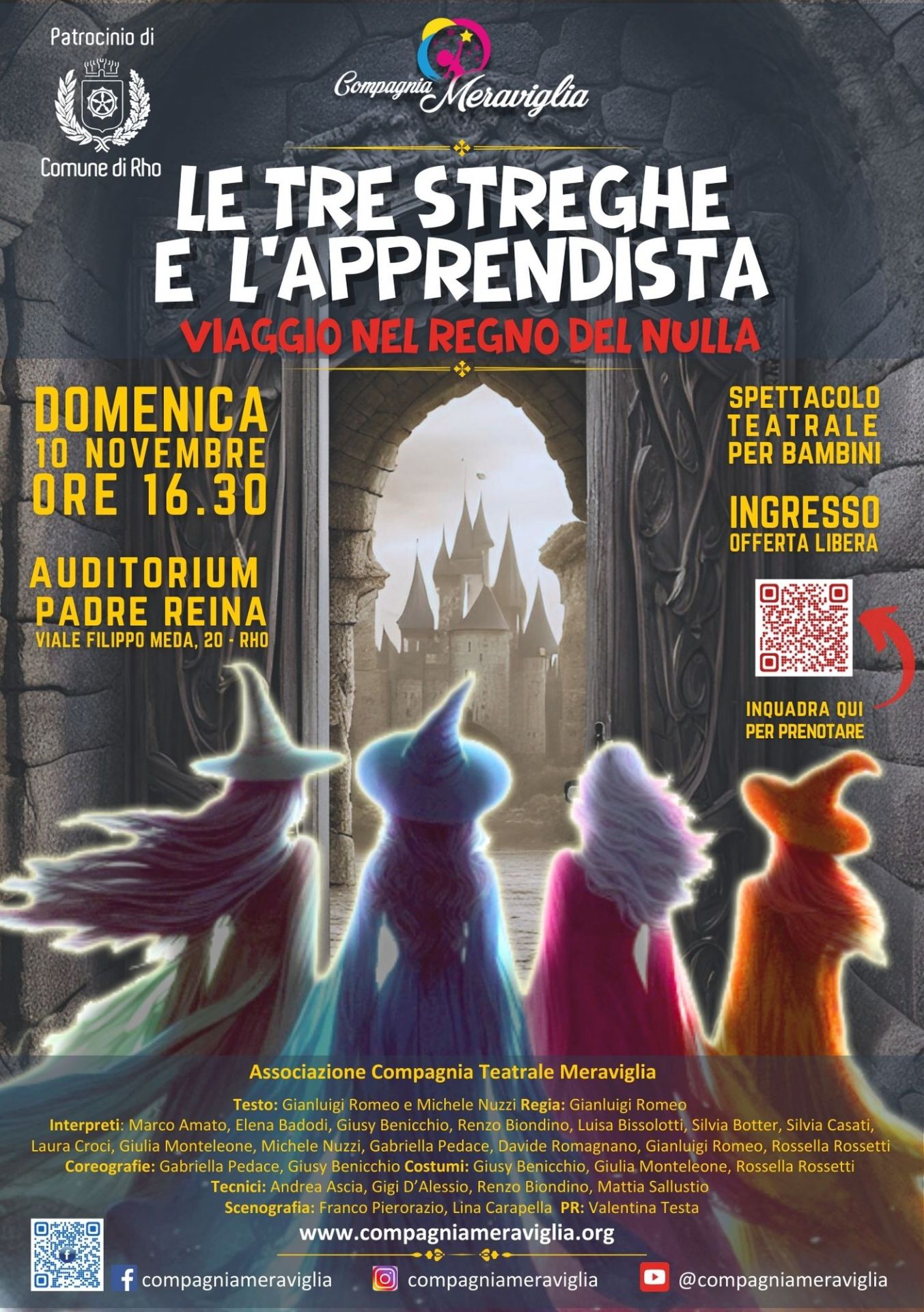 Locandina dello spettacolo teatrale della Compagnia Teatrale Meraviglia all'Auditorium Padre Reina: Le tre streghe e l'apprendista - Viaggio nel regno del Nulla
