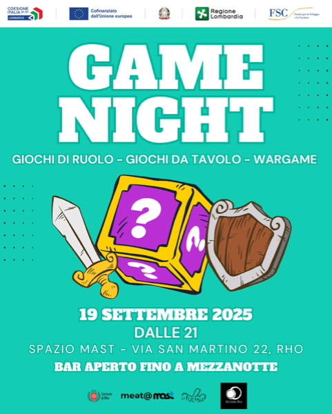 Game Night giochi di ruolo - giochi da tavolo- wargame disegno di una spada un dado e uno scudo 19 settembre 2025 dalle 21 spazio Mast _via San Martino 22- Rho Bar aperto fino a mezzanotte