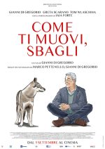 locandina come ti muovi sbagli - disegno di umo seduto accanto ad un cane lupo