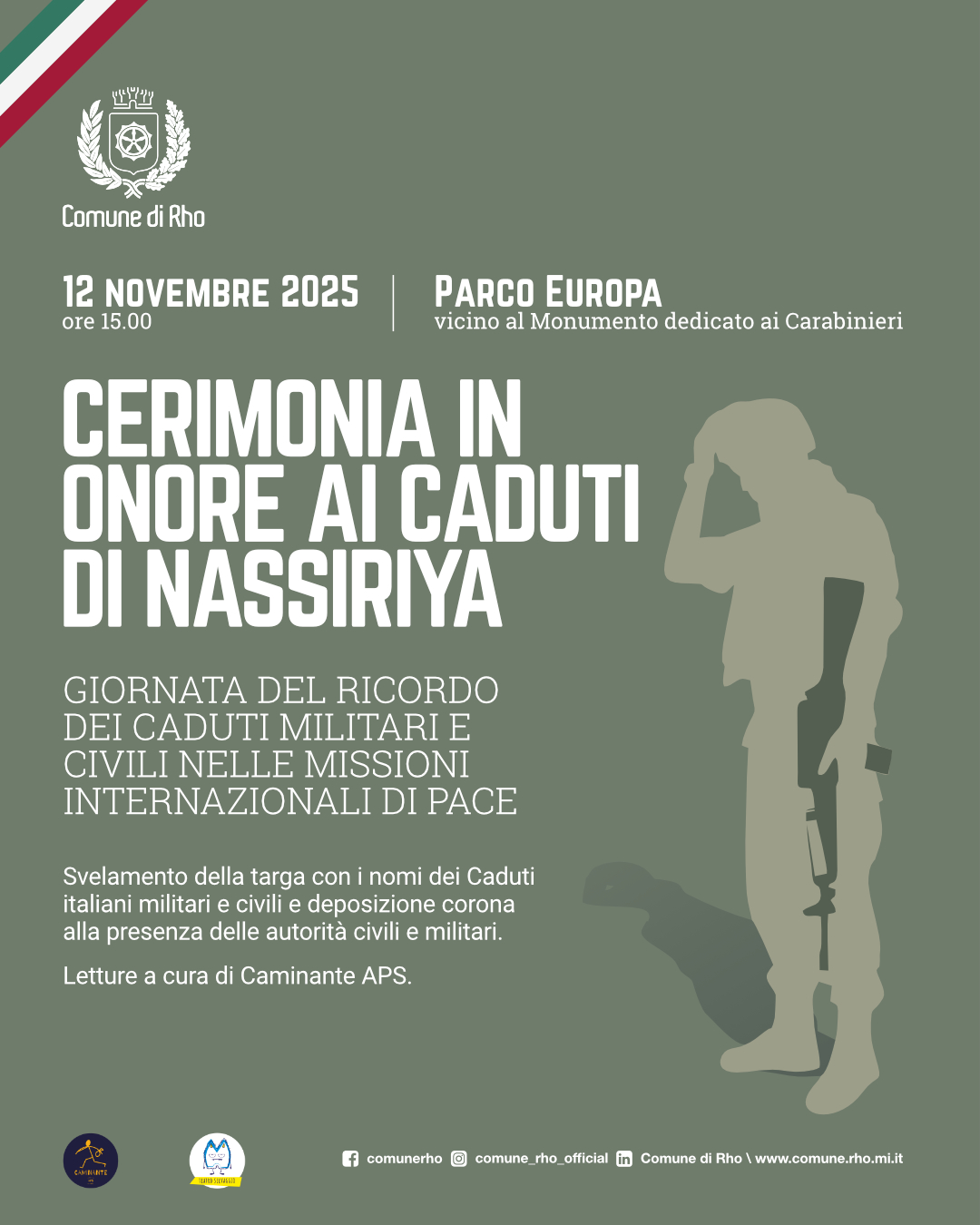 Locandina per la cerimonia in onore ai Caduti di Nassiriya - Giornata del Ricordo dei Caduti Militari e Civili nelle Missioni Internazionali per la Pace che si svolgerà mercoledì 12 novembre 2025 alle ore 15.00 al Parco Europa, vicino al Monumento al Carabiniere.