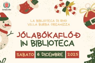 locandina con grafiche natalizie pupazzi di neve alberi di natale palline e pacchetti regali