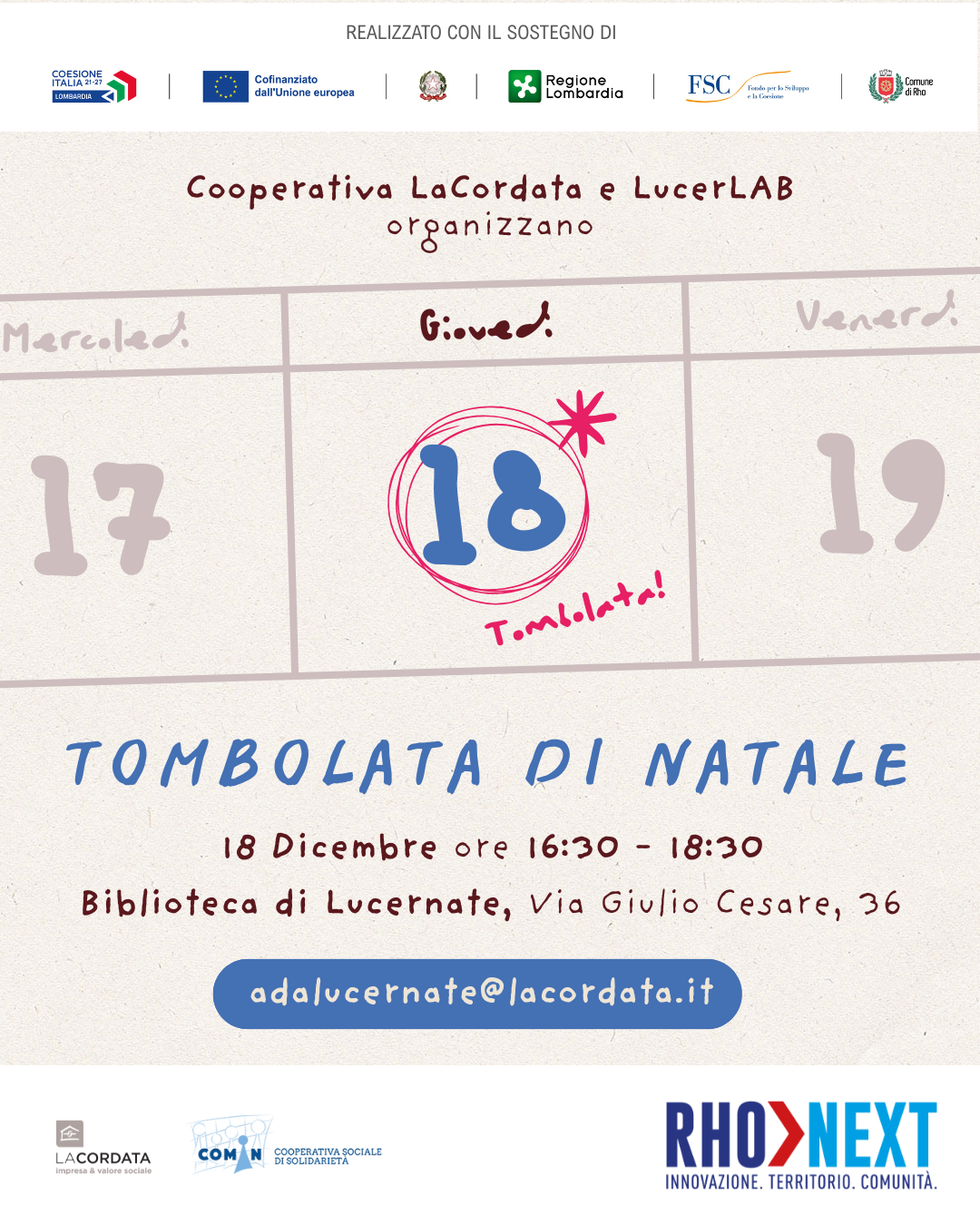 Tombolata di Natale giovedì 18 dicembre 2025 dalle 16.30 presso la Biblioteca di Lucernate, via Giulio Cesare 36, Rho.