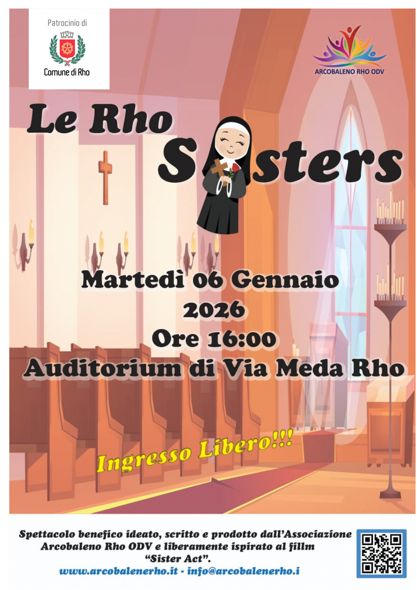 locandina evento disegnata suora nel titolo  e chiesa disegnata