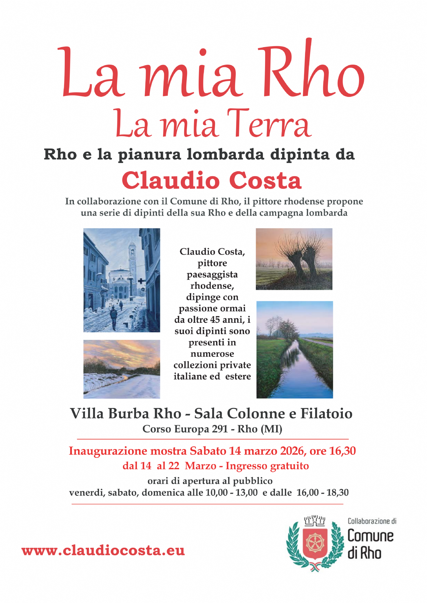 locandina Claudio Costa pittore con quattro quadri in evidenza 