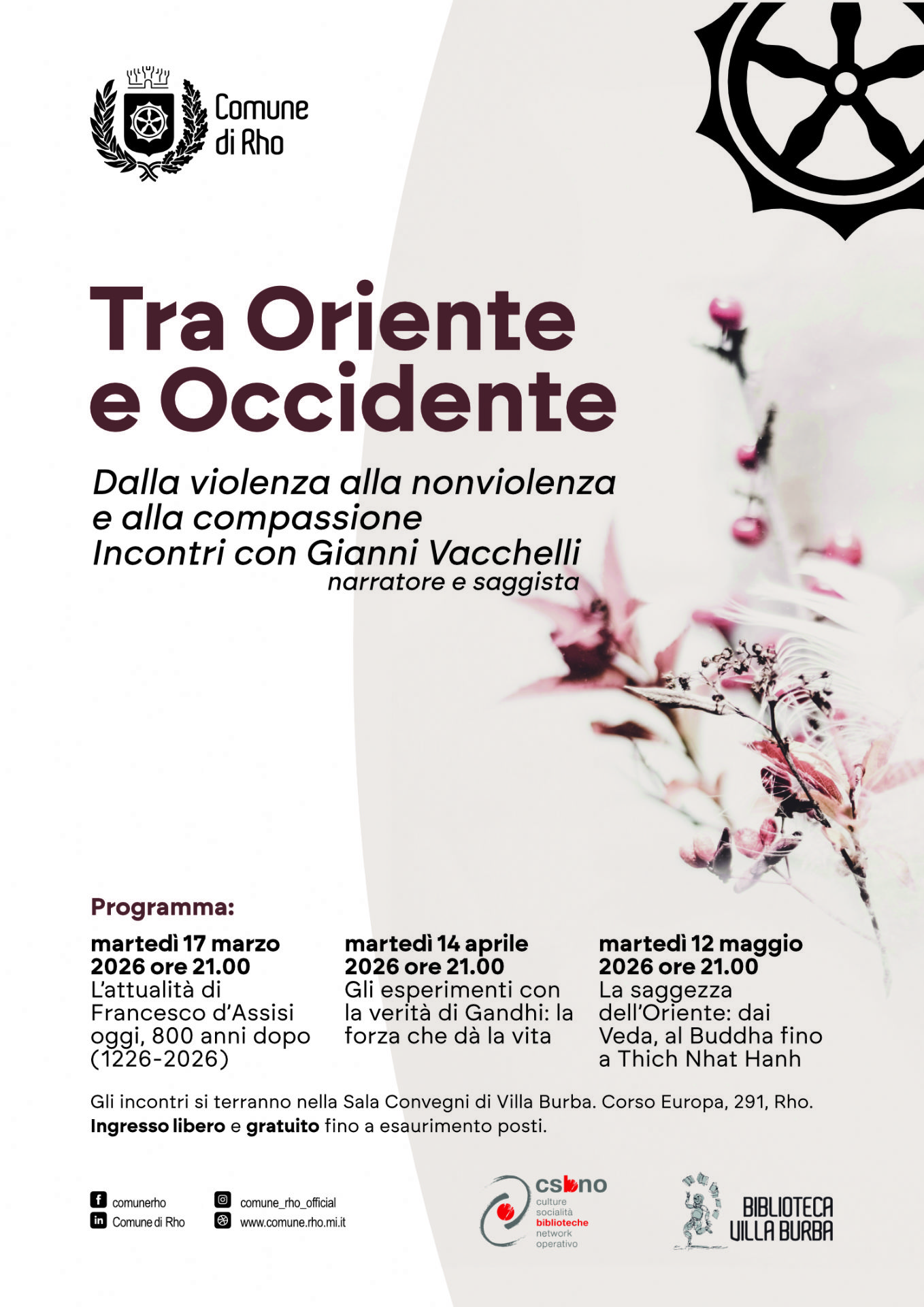 locandina con fiore ruota e logo Tra occidente e oriente