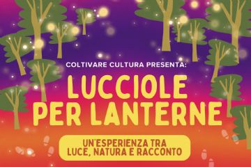 locandina lucciole per lanterne: un bosco disegnato con tante lucine colorate