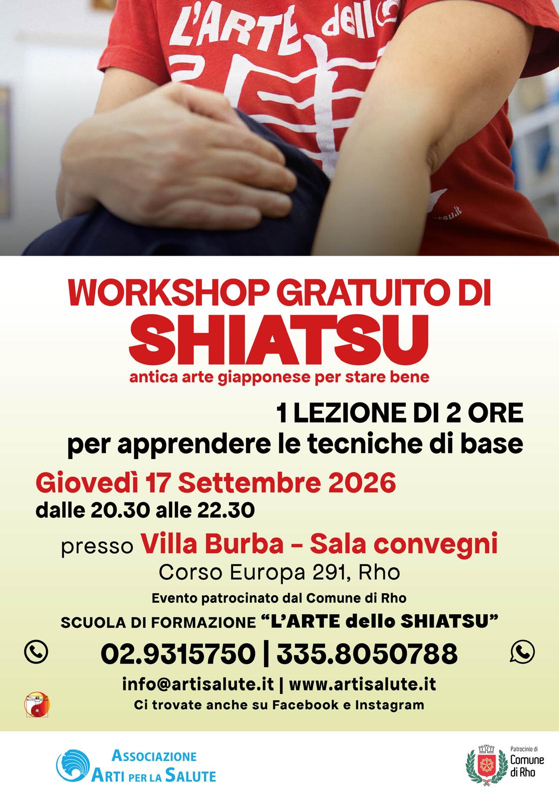 Locandina per il Workshop gratuito di Shiatsu di giovedì 17 settembre 2026 dalle ore 20.30 alle 22.30 presso la Sala Convegni, Villa Burba, Corso Europa n. 291, Rho.