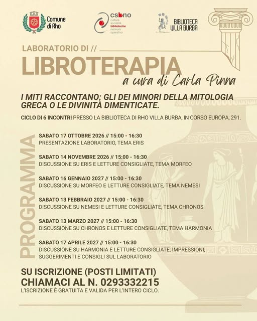 Locandina Libroterapia sullo sfondo una colonna e un vaso greco
