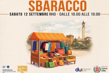 Sbaracco disegno di una bancarella di abbigliamento sullo sfondo Rho