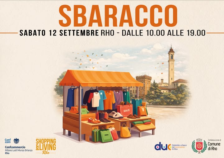 Sbaracco disegno di una bancarella di abbigliamento sullo sfondo Rho