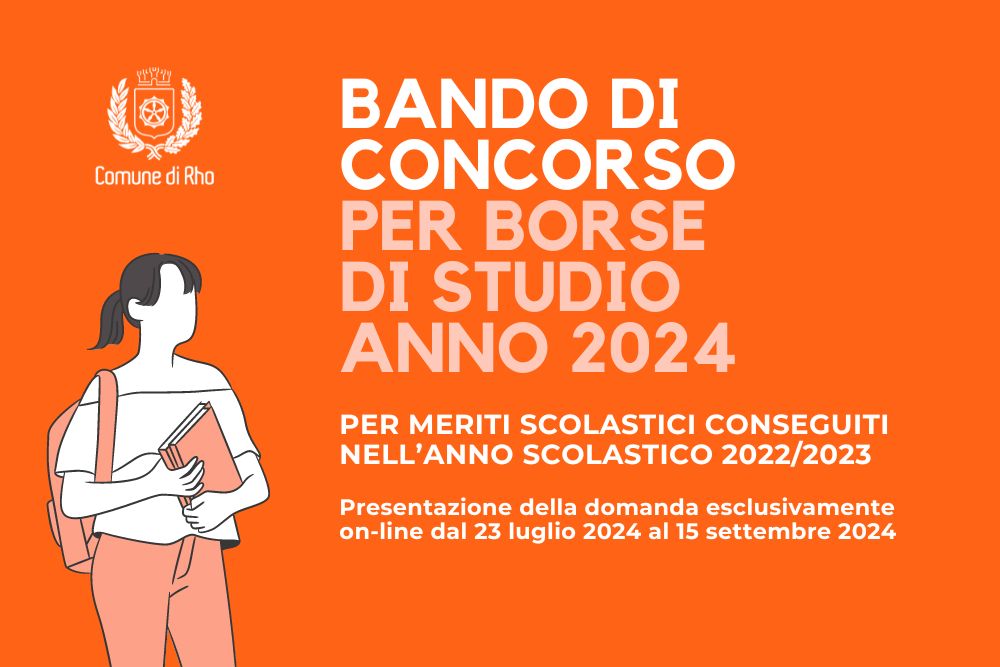 grafica  Logo Comune di Rho - Bando di Concorso per borse di studio anno 2024 -  ragazza con zaino e libro