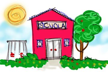 immagine grafica di una scuola sole alberello e altalena