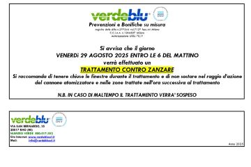 locandina Verdeblu avviso di disinfestazione 29 agosto entro le 6 del mattino