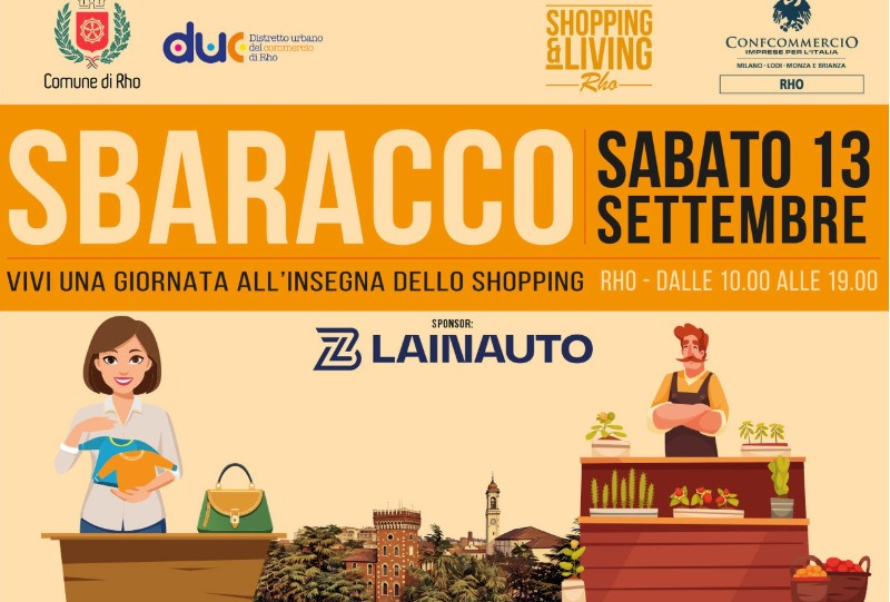 Sbaracco Sabato 13 settembre  bancarelle e venditori sullo sfondo la città di Rho