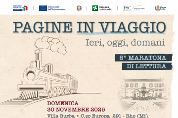 Pagine in viaggio Ieri oggi e domani Una locomotiva  disegnata in matita vicino al disegno  di villa Burba testo e sagome di biglietti