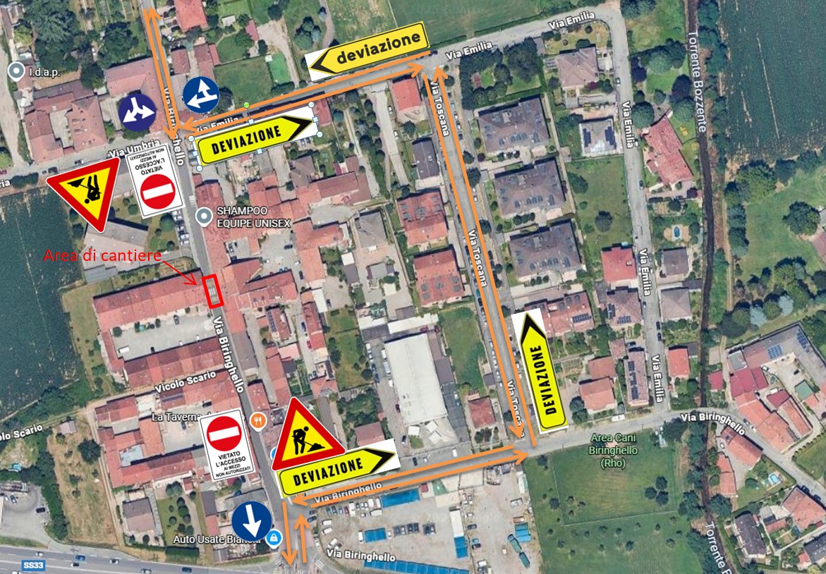 Planimetria dei lavori di posa della tubazione di allacciamento idrico in via Biringhello 98 che saranno effettuati il giorno 3 dicembre 2025