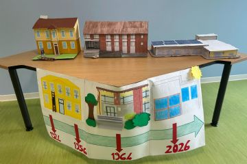 foto scuole in cartone e un disegno della scuola dal 1924 al 2026