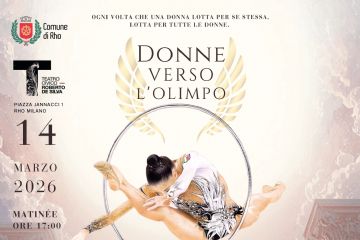 locandina Donne verso l'Olimpo - ballerine con cerchio. ali dorate sopra il cerchio  e striscia tricolore in fondo alla locandina