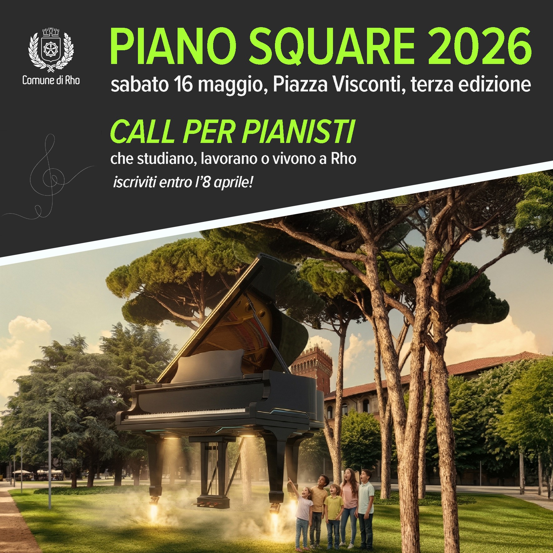 locandina Piano Square 2026 sabato 16 maggio, piazza Visconti terza edizione Call per pianisti . Immagine di  piano forte in  piazza Visconti