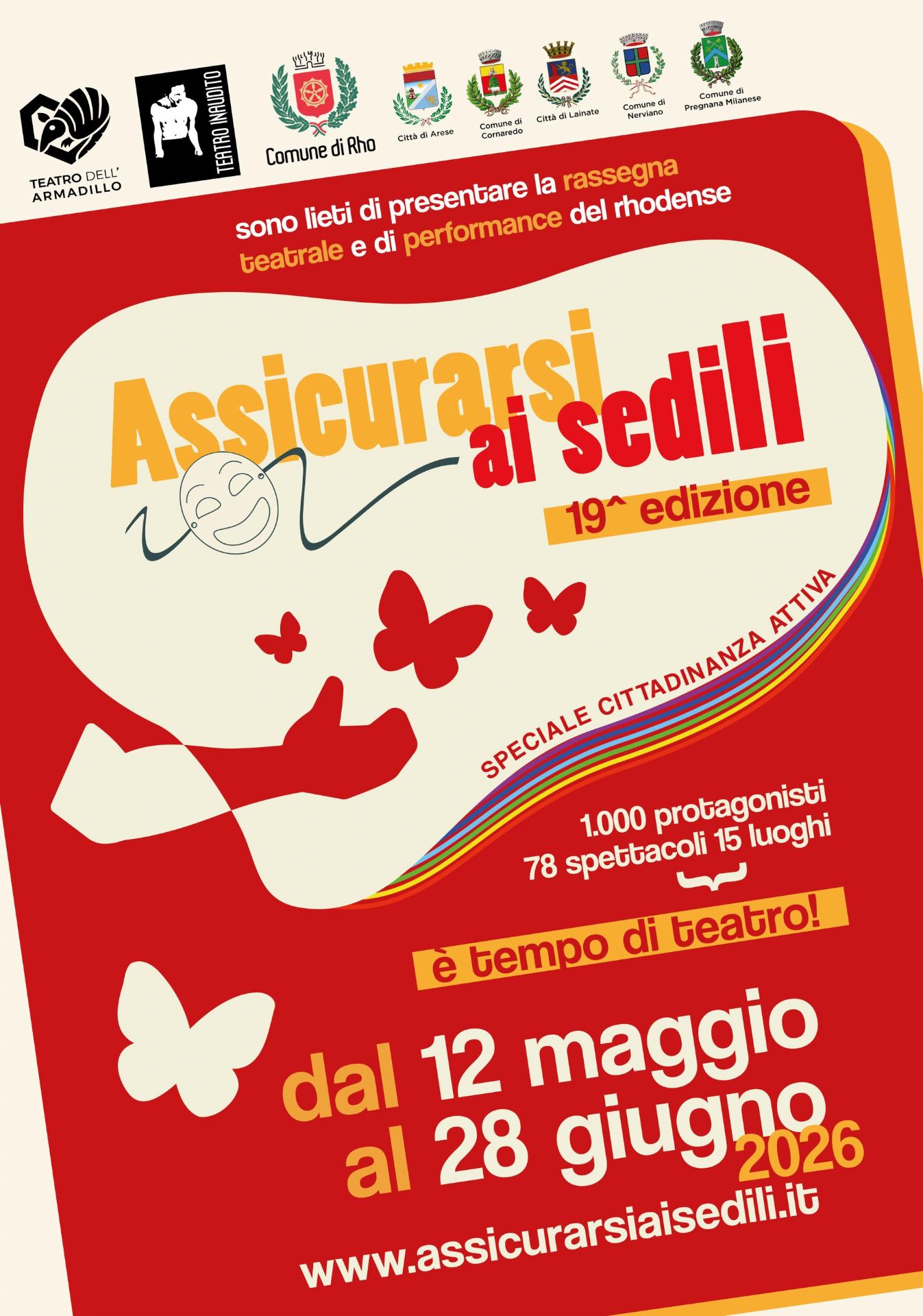 Locandina "Assicurarsi ai sedili" rassegna di spettacoli teatrali dal 12 al 28 giugno 2026.