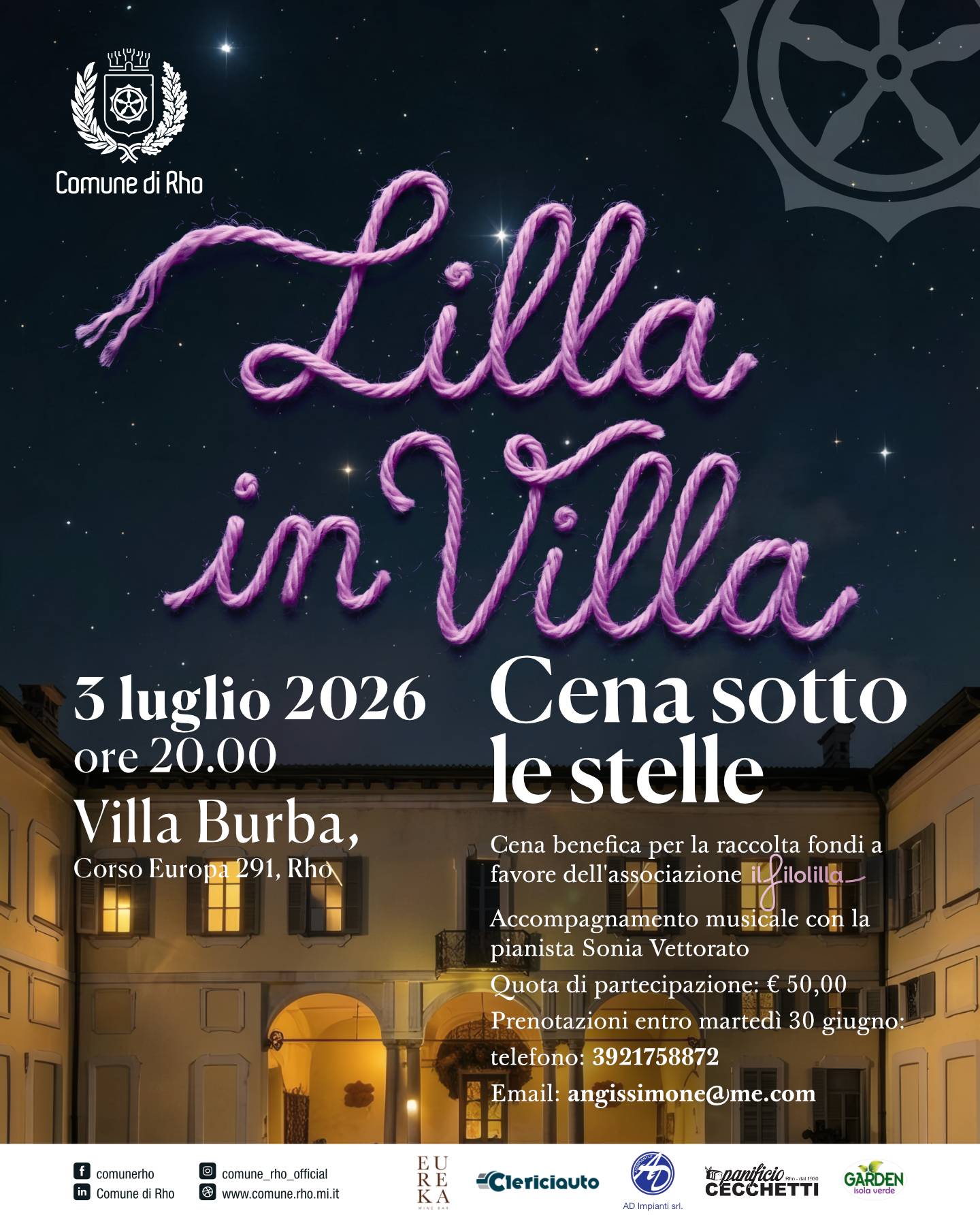 locandina Lilla in Villa Cena sotto le stelle cielo stellato e villa burba 