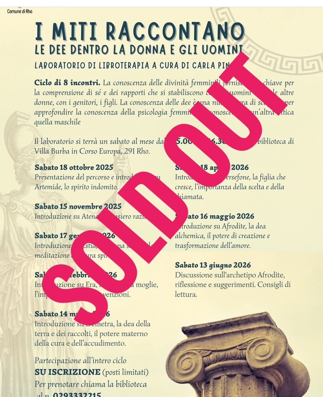 locandina I Miti Raccontano: le dee dentro di noi . Laboratorio di Libroterapia a cura di Carla Pinna