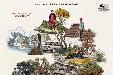 Locandina NO OTHER CHOICE  disegnata con case alberi e protagonisti