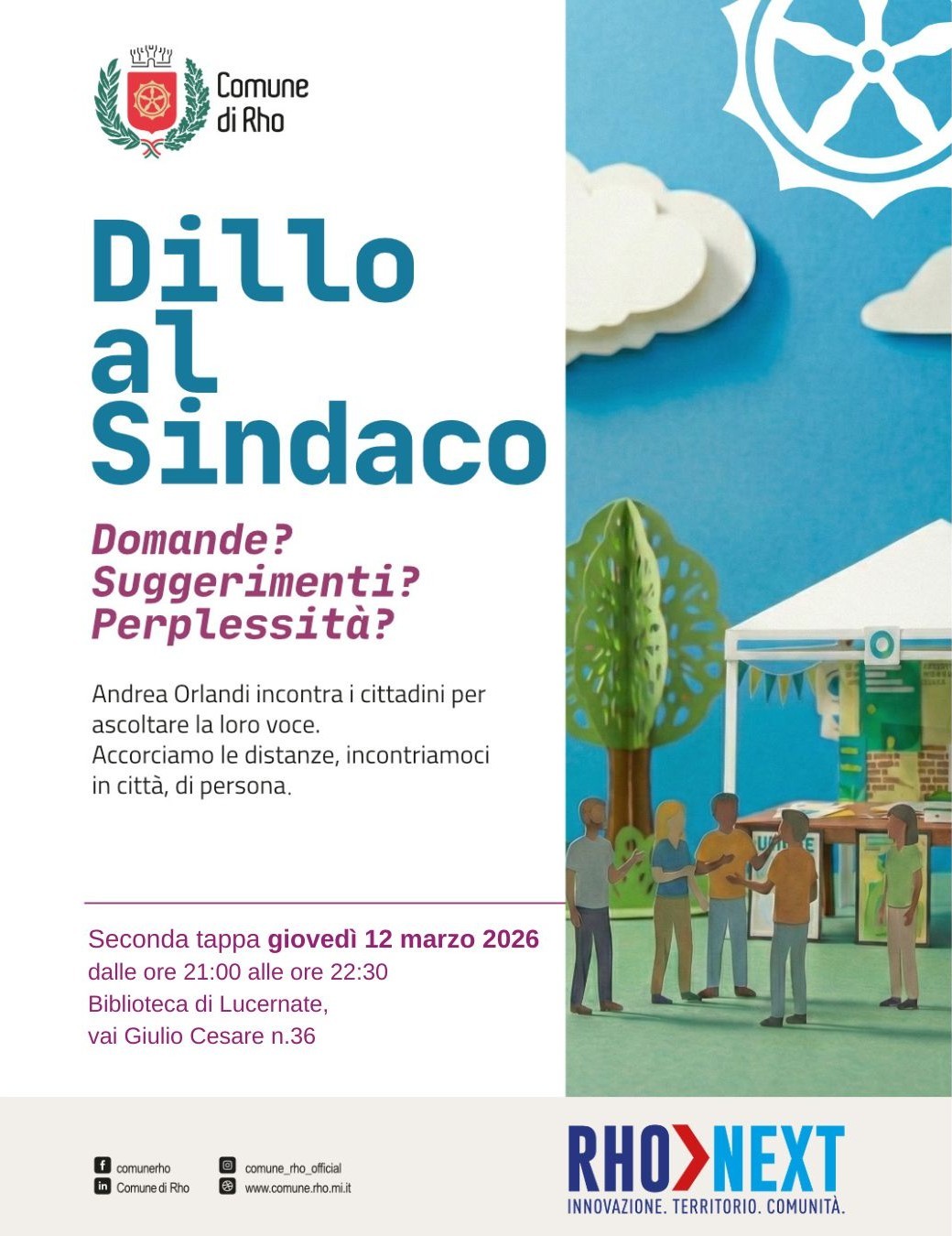 Dillo al sindaco locandina evento disegno di persone in piedi con albero e gazebo
