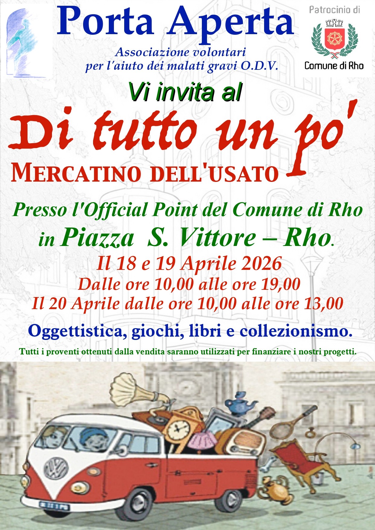 locandina mercatino di tutto un pò disegno di un furgoncino caarico di tanti oggetti 