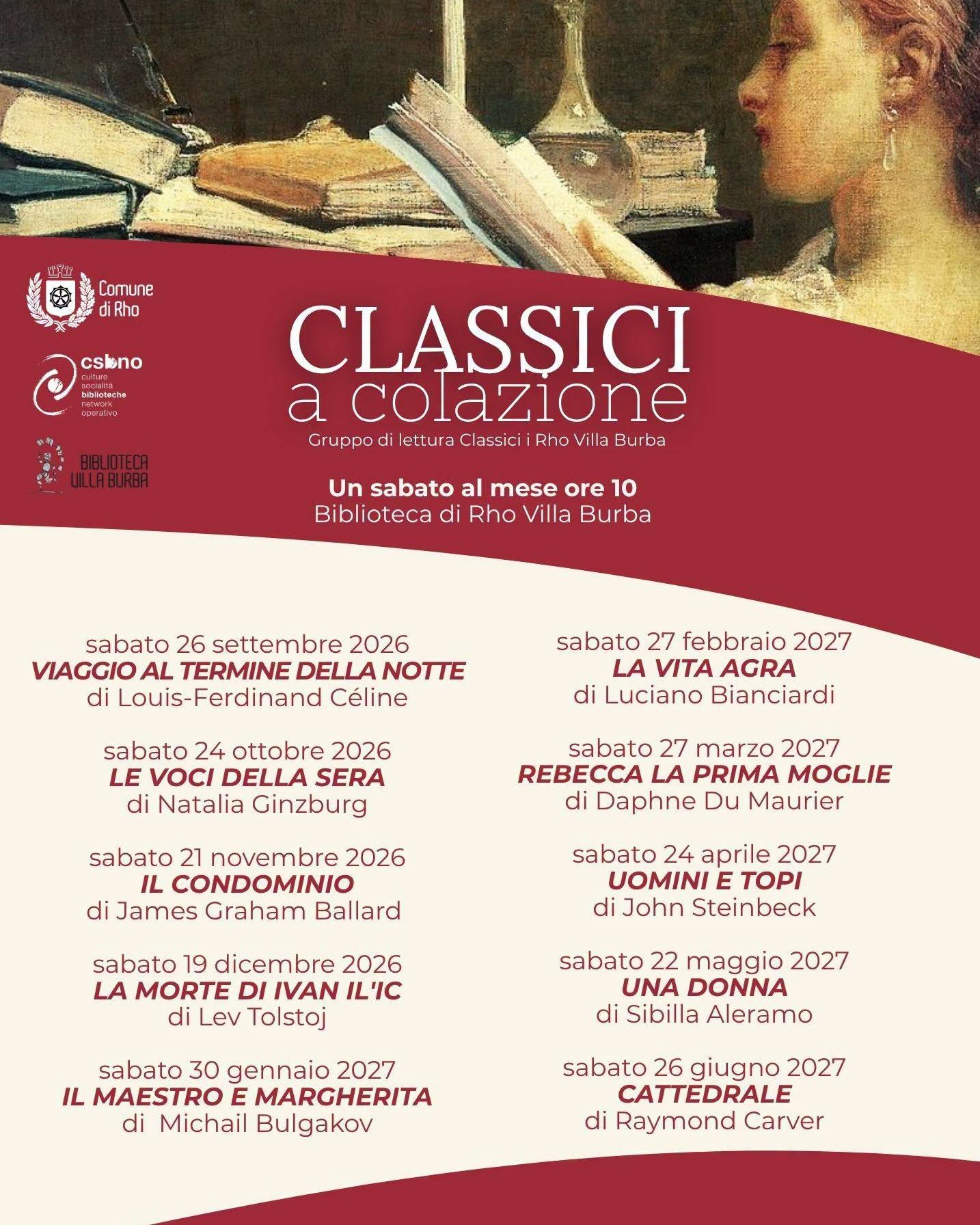elenco dei titoli e date in alto immagine pittorica di una  donna intenta a leggere