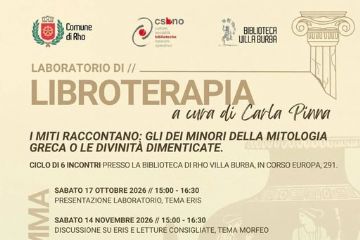 Locandina Libroterapia sullo sfondo una colonna e un vaso greco