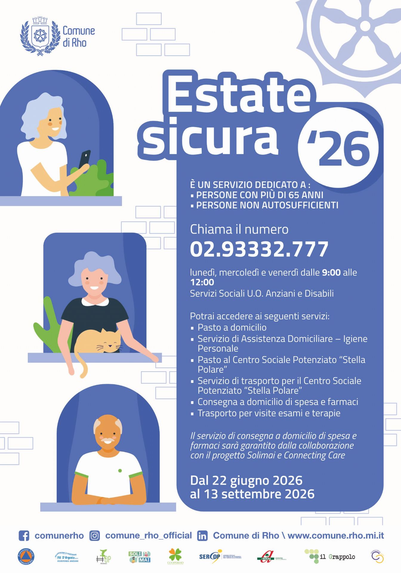 locandina Estate sicura 26 con immagini di anziani alla finestra