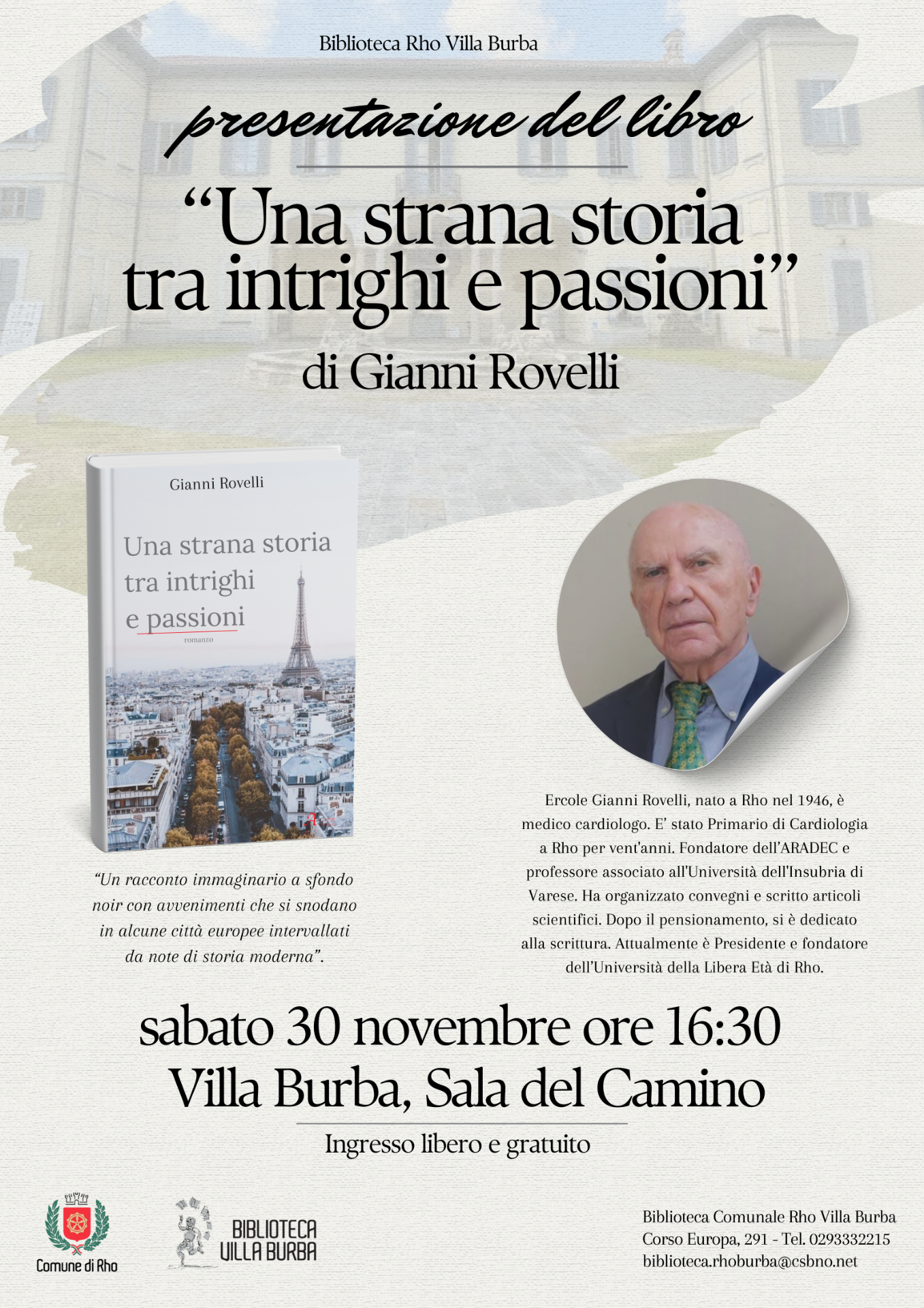 locandina di presentazione del libro Una strana storia tra intrighi e passioni di Gianni Rovelli