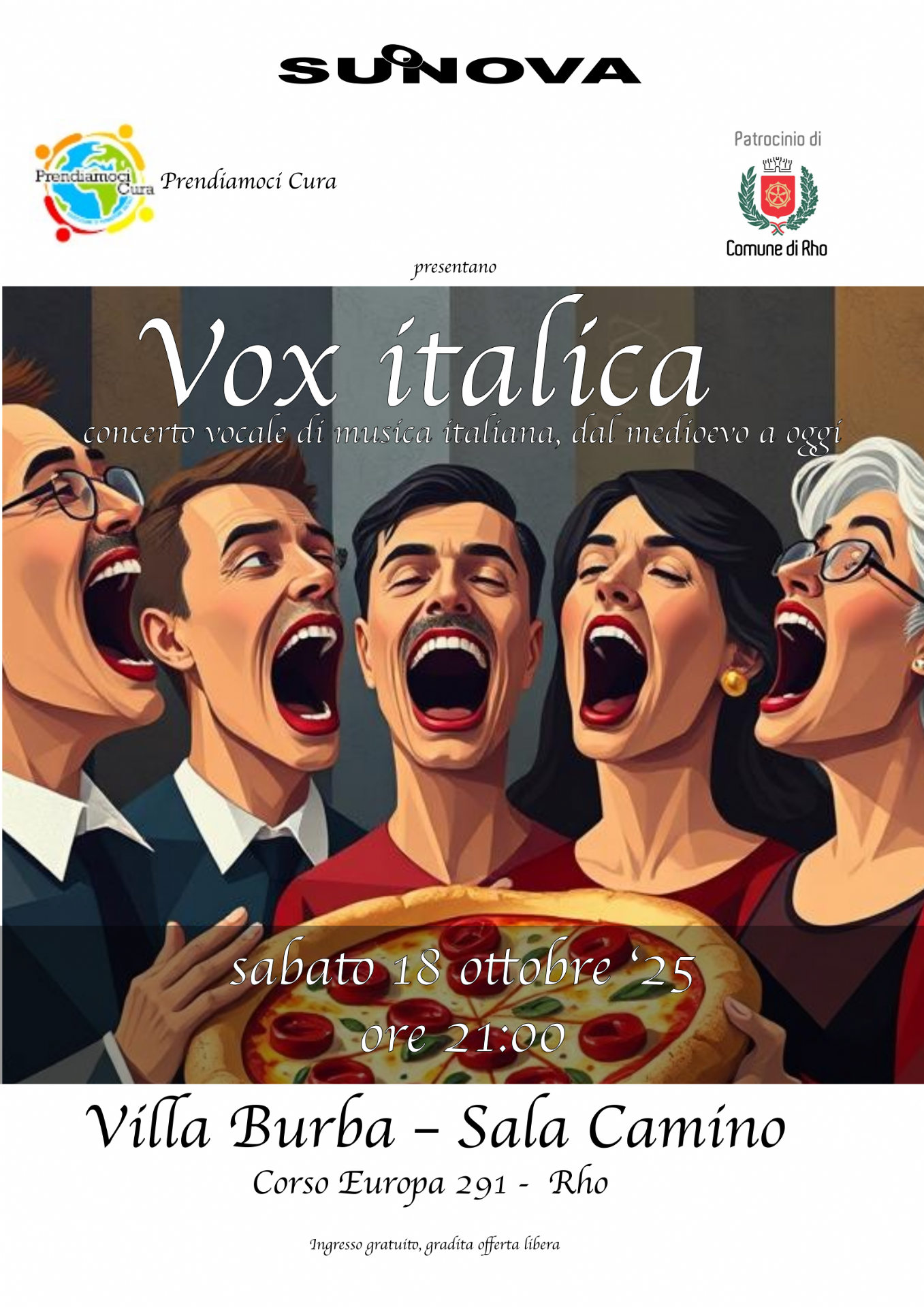 Vox italica  - villa Burba - Sala Camino disegno di un coro di tre uomini e due donne che cantano davanti ad una pizza