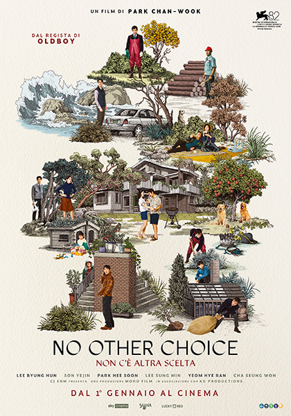 Locandina NO OTHER CHOICE  disegnata con case alberi e protagonisti