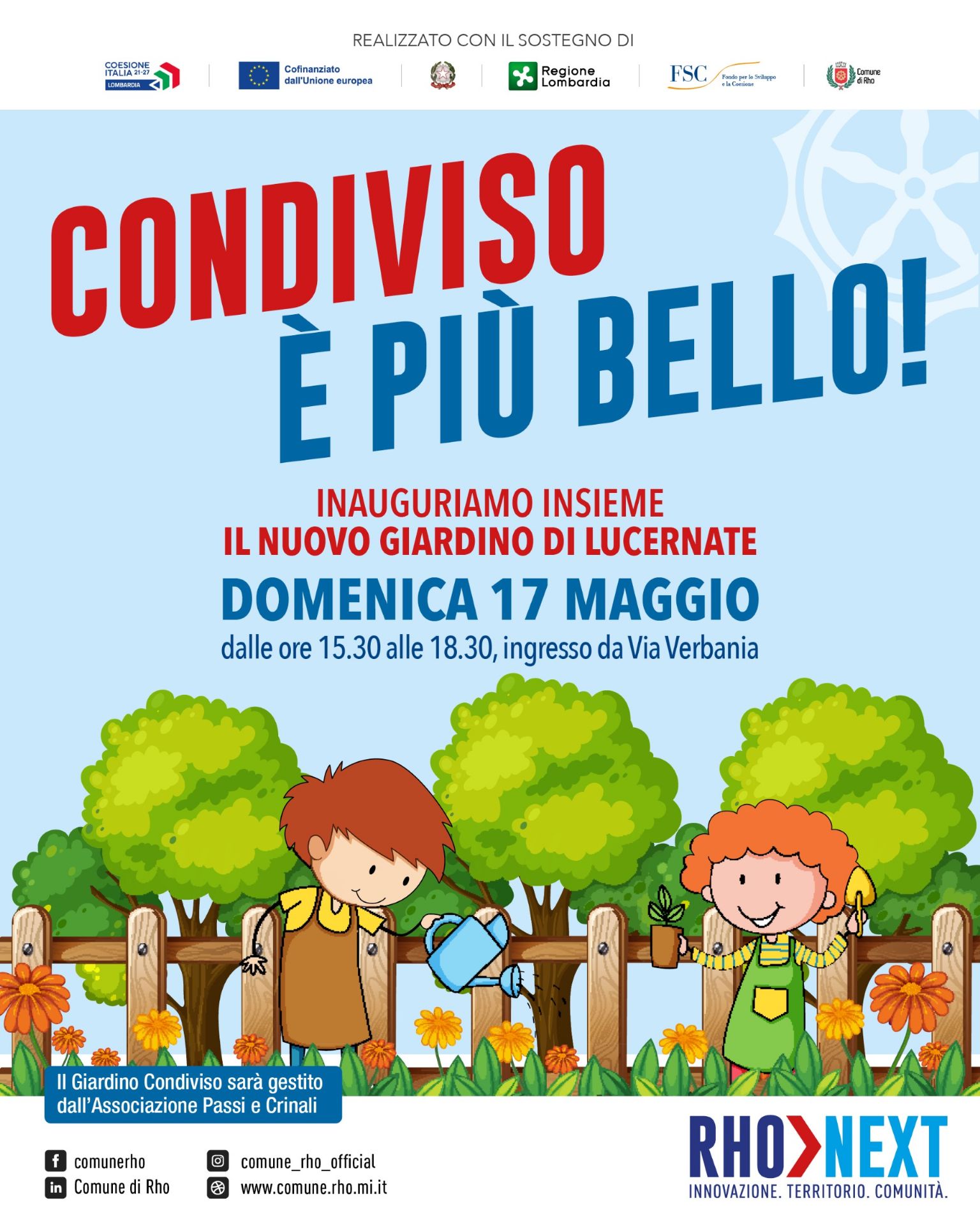 Condiviso è più bello disegno di alberi e fiori con bambini e bambine con annaffiatoio
