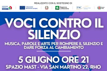 Locandina evento del 5 giugno 2026 allo Spazio MAST dalle ore 21.00, "Voci contro il silenzio", una serata di musica, parole e arte contro la violenza di genere allo Spazio MAST. Saranno presenti anche Amnesty International che presenterà la campagna “Io lo chiedo” e il Centro Antiviolenza HARA di Rho,