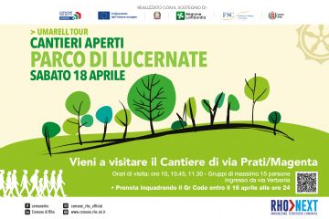 Locandina per l'evento del 18 aprile 2026 “Umarell tour - Cantieri aperti. Parco di Lucernate", tre visite guidate al cantiere del Parco. L’appuntamento per sabato è in via Verbania, a partire dalle ore 10.00. Per partecipare è necessario iscriversi a uno dei tre turni di visita. tramite link riportato nel testo del comunicato stampa.