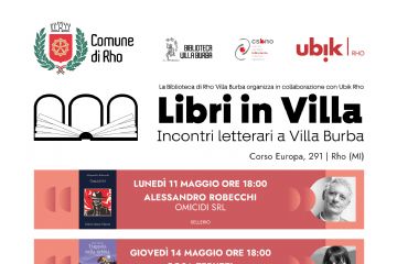 locandina libri in villa con elenco scrittori e immagine di copertina del libro