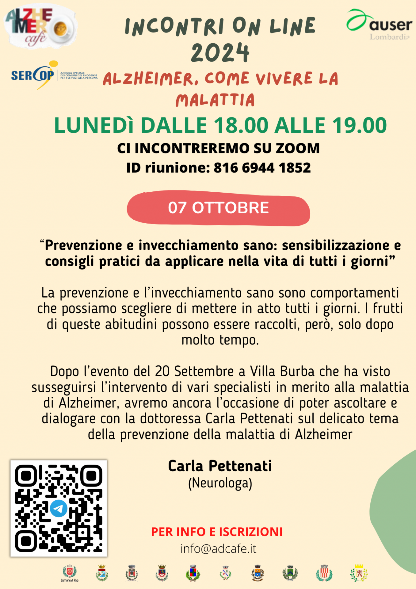 locandina dell'incontro online di lunedì 07 ottobre 2024 relativo a Alzheimer, come vivere la malattia. Prevenzione e invecchiamento sano: sensibilizzazione e consigli pratici da applicare nella vita di tutti i giorni. 