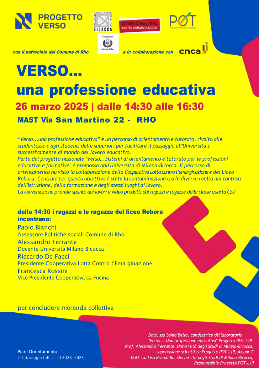 Verso... una professione educativa 26 marzo 2025 dalle 14.30 alle 16.30 - Mast via San Martino 22 - Rho
