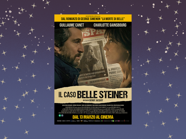 locandina del film Il caso Belle Steiner sfondo un giornale e  in primo piano uomo e donna di profilo  che si guardano