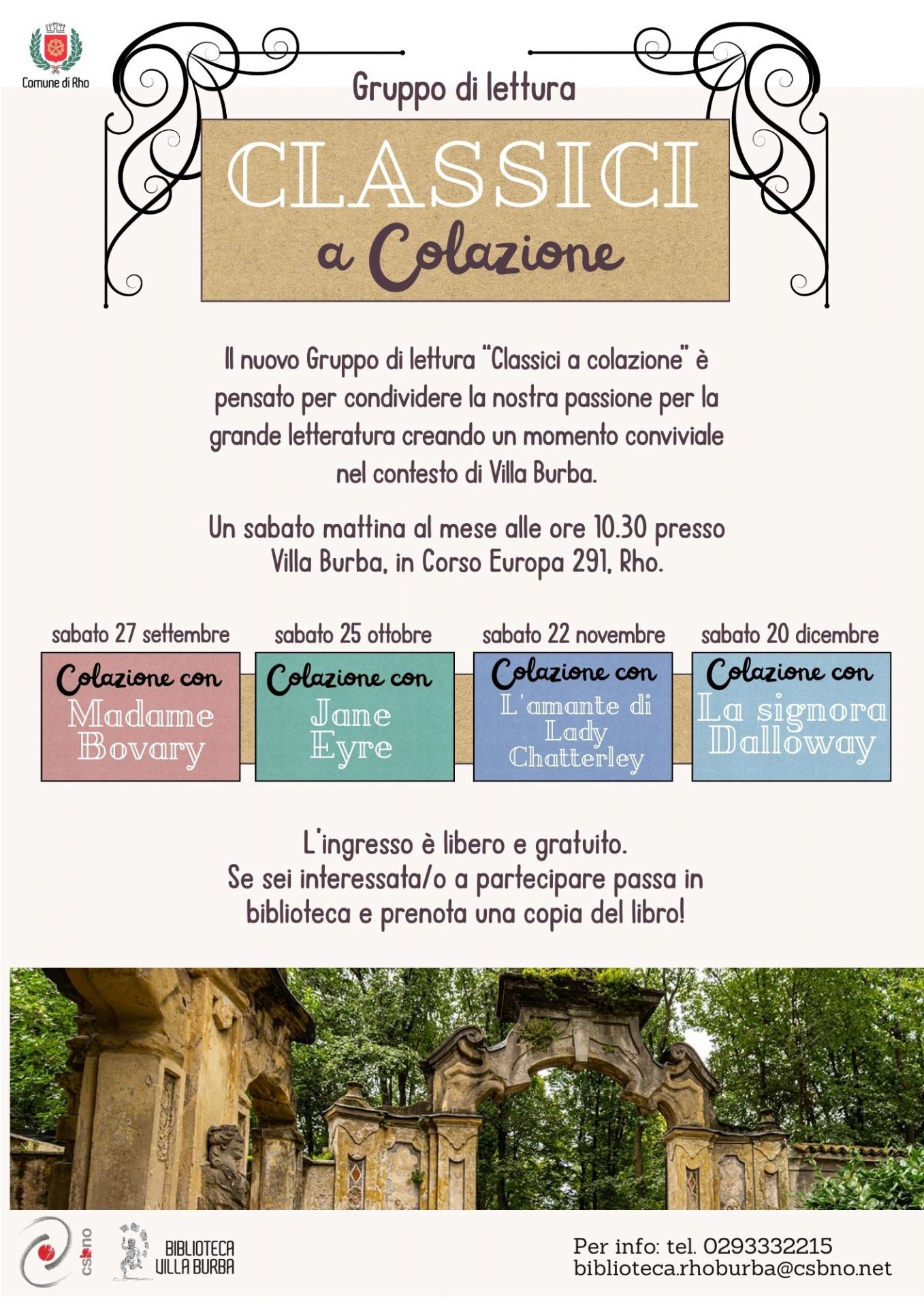 locandina Classici a colazione con immagine di un particolare  di villa Burba e segnalati i quattro appuntamenti