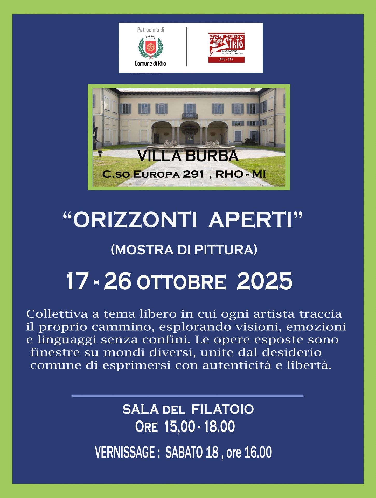 Locandina con foto di Villa Burba Titolo "Orizzonti Aperti" mostra di pittura 17-26 ottobre 2025