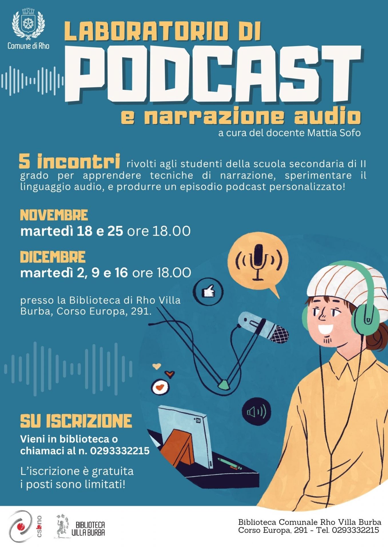 locandina con testo e immagine di un ragazzino con cuffie audio al microfono